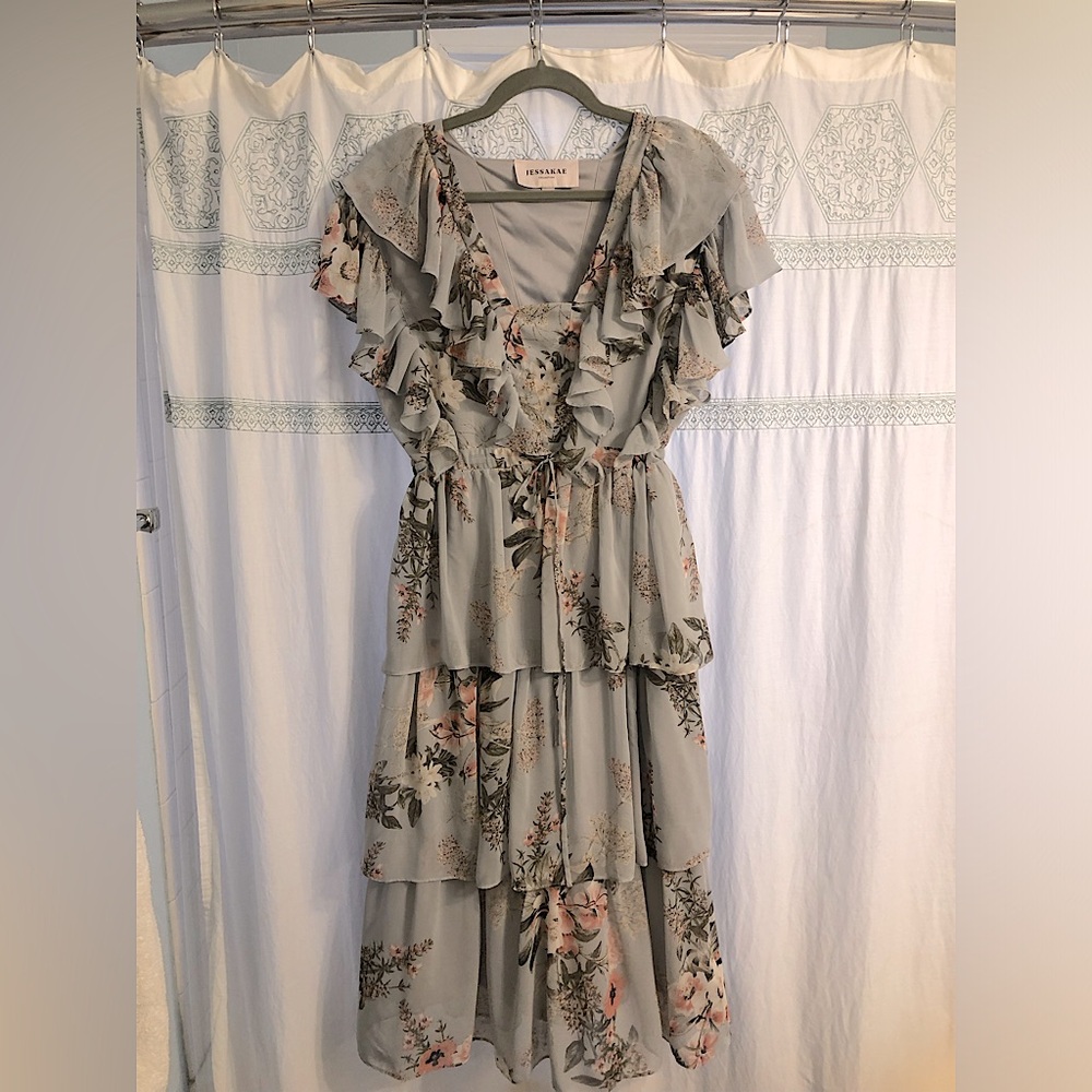JessaKae Blue Floral Ruffled Midi Dress